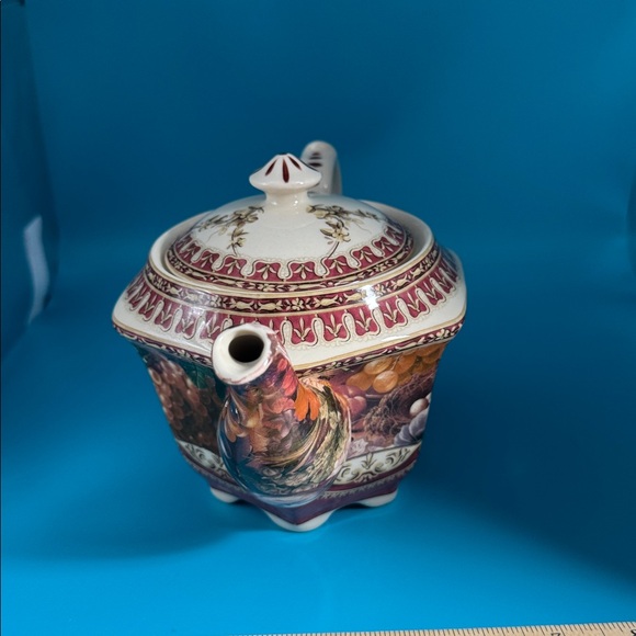 Elegant Vintage Floral Teapot with Burgundy and Cream Accents - Picture 2 of 7
